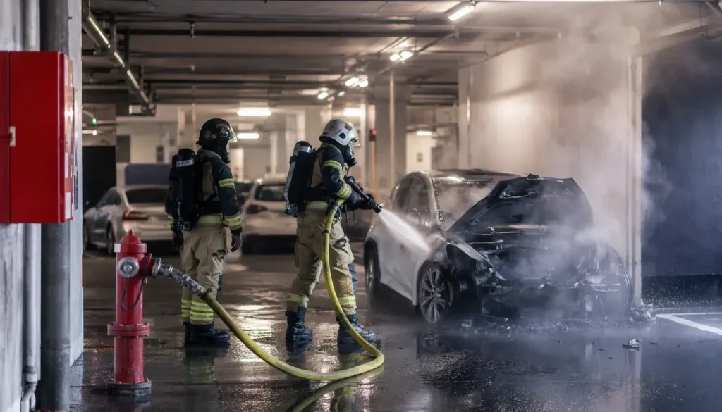 Räddningstjänst kyler elbilsbrand i garage med vatten