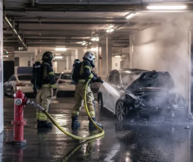 Räddningstjänst kyler elbilsbrand i garage med vatten