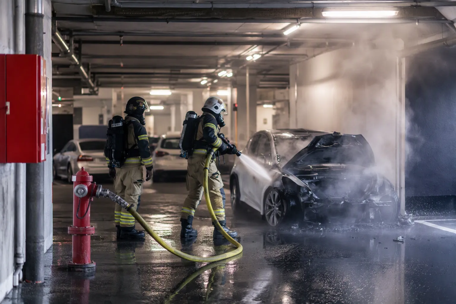 Räddningstjänst kyler elbilsbrand i garage med vatten