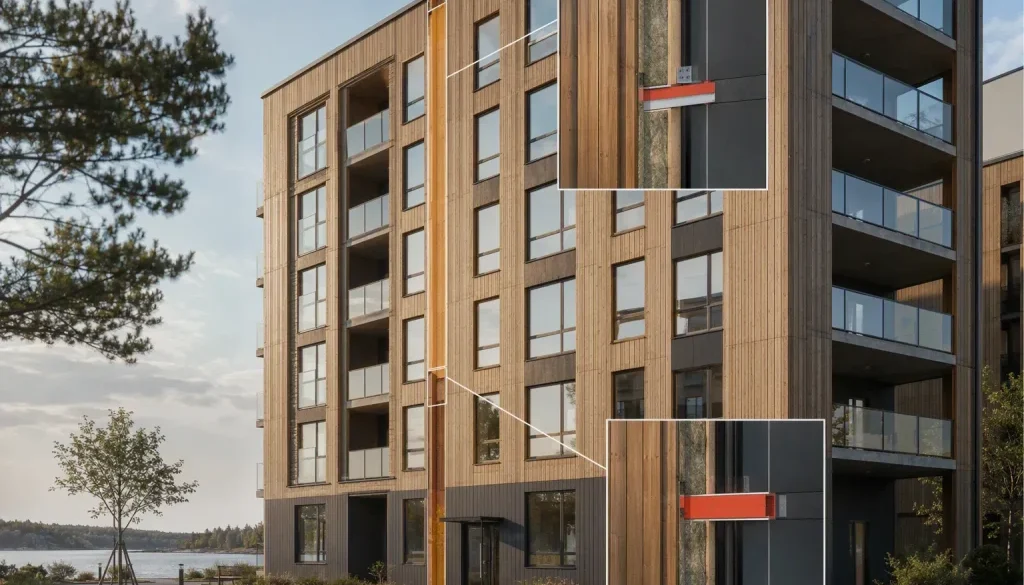 Modern flerbostadshus med träfasad och brandstopp i luftspalt