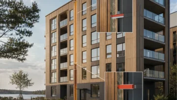 Modern flerbostadshus med träfasad och brandstopp i luftspalt