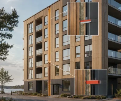 Modern flerbostadshus med träfasad och brandstopp i luftspalt